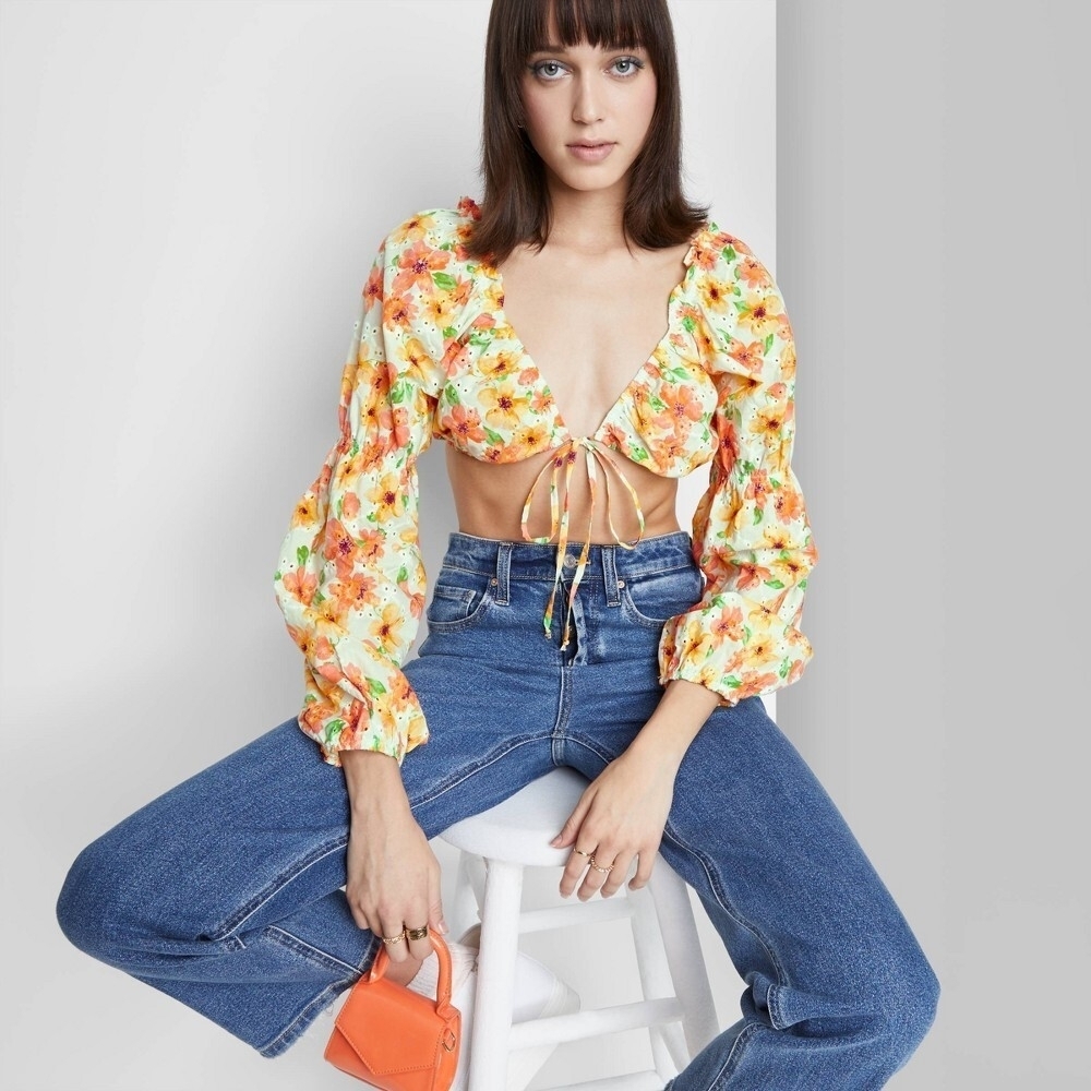 Floral Tie Front Crop Top Cottagecore Boho  Flowy Long Sleeves Summer Coquette